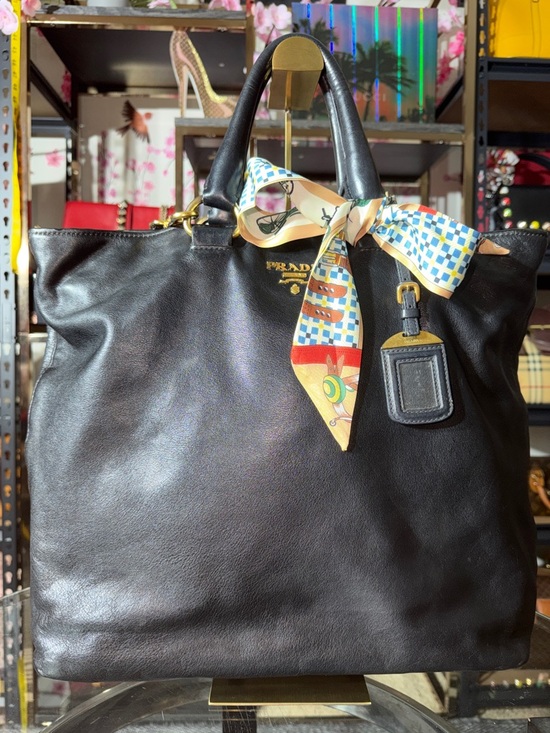 Prada Handbags - Prada Black Leather Tote with Multicolor Silk Scarf